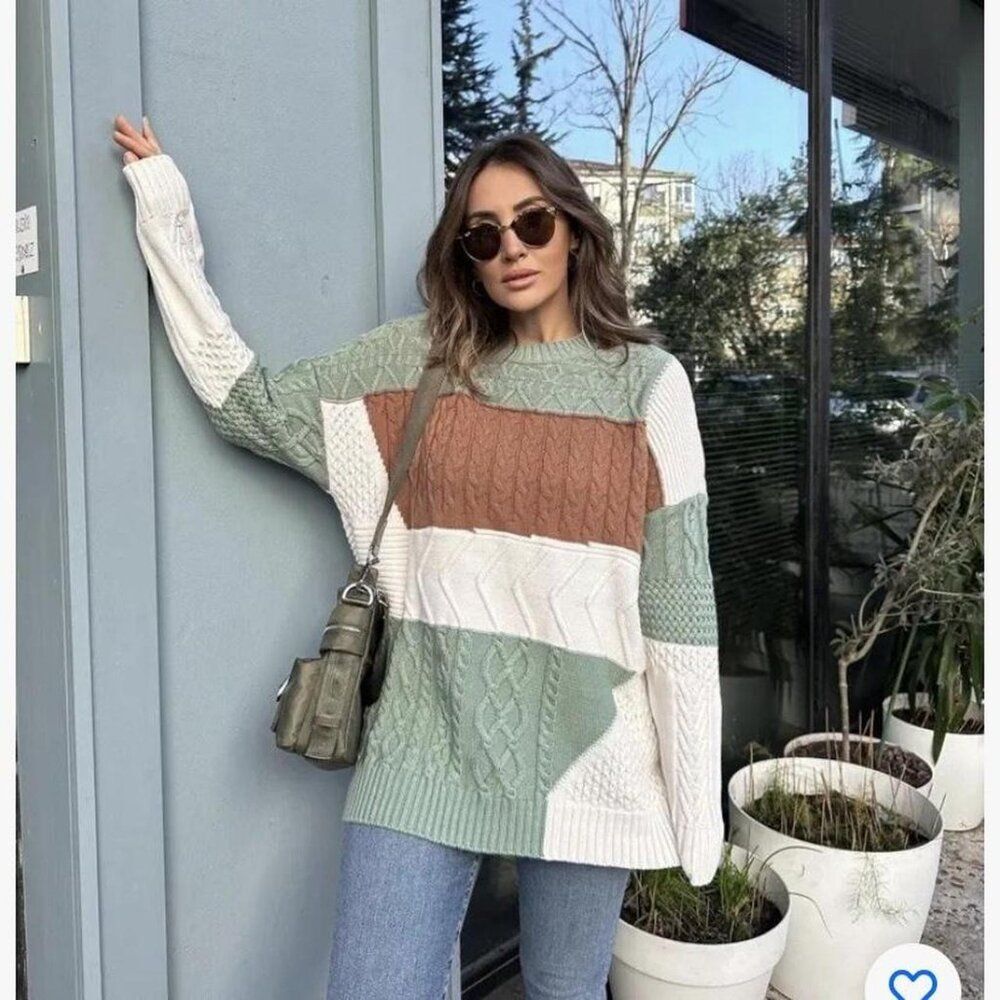 Zara Cable Knit Chunky Patchwork Sweater Size Lar… - image 6